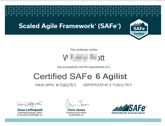 Leading SAFe领导大规模敏捷认证证书样本