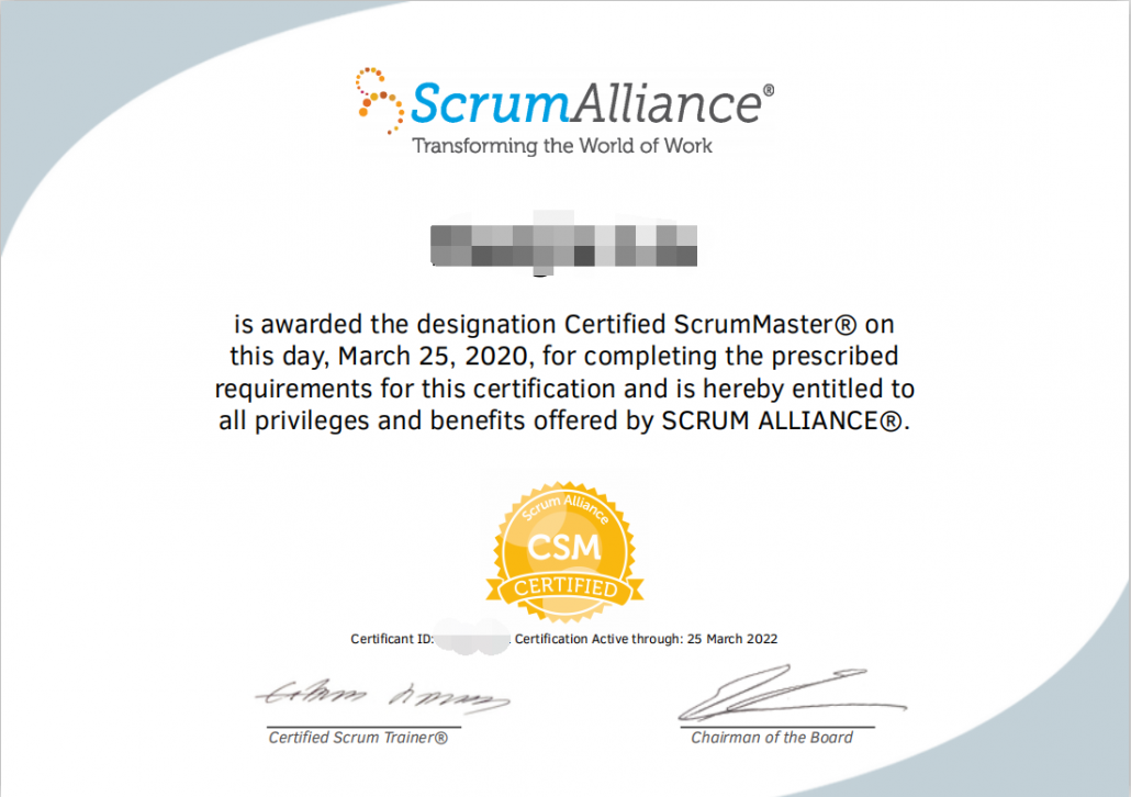 Scrum master csm认证证书样本